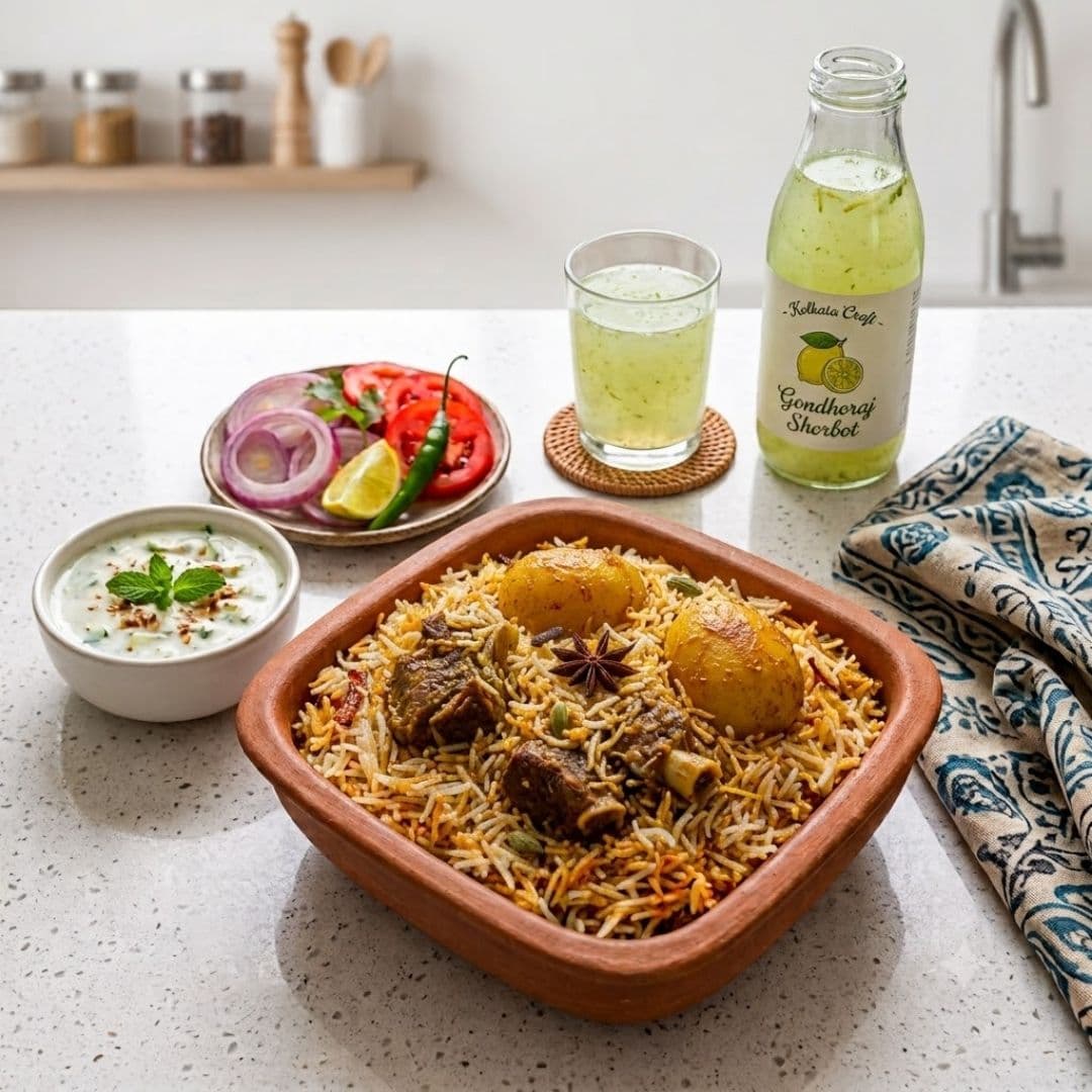 A full Biryani and More meal: dum biryani served with raita, salad and a Gondhoraj sherbet
